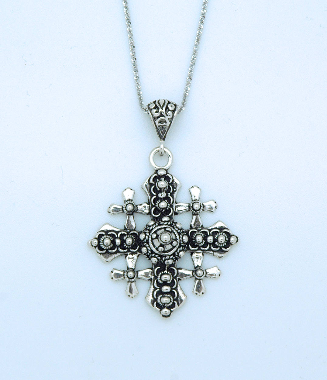 SSN50 - Sterling Silver Necklace, Jerusalem Cross, 18 in. Sterling Silver Chain