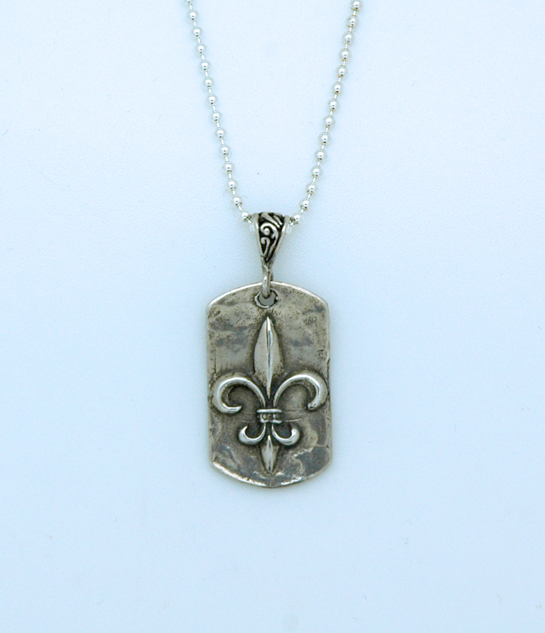 SSN53 - Sterling Silver Dog Tag Fleur de Lis on Sterling Silver Chain