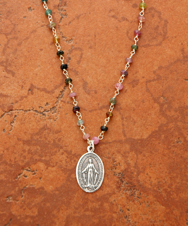 SSN8 - Sterling Silver Miraculous Medal on Tourmaline Chain
