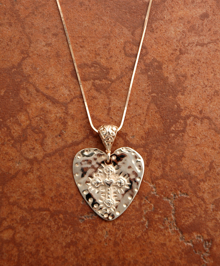 SSN84 - Rose Gold Over Sterling Silver Hammered Heart with Cross
