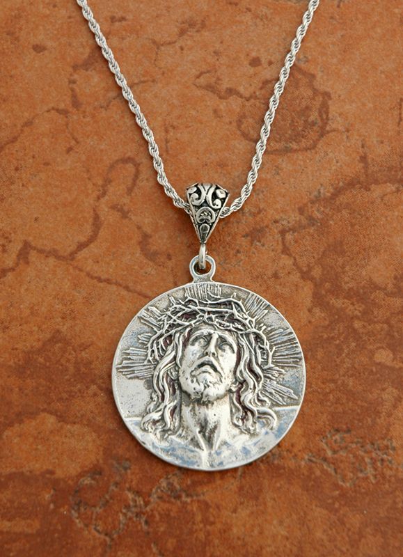 SSN98 - Sterling Silver Extra Large Ecce Homo/Guadalupe Medal on Sterling Silver Chain