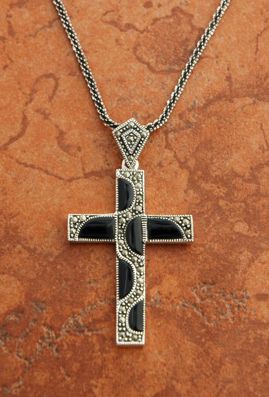 SSN89 - Sterling Silver and Black Onyx Cross on Sterling Silver Chain
