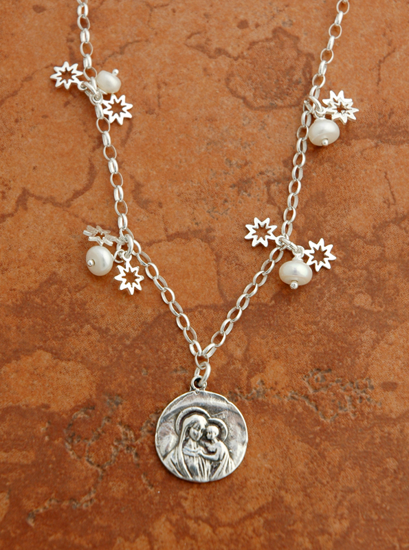 SSN91 - Sterling Silver Madonna with Freshwater Pearls on Sterling Silver Chain