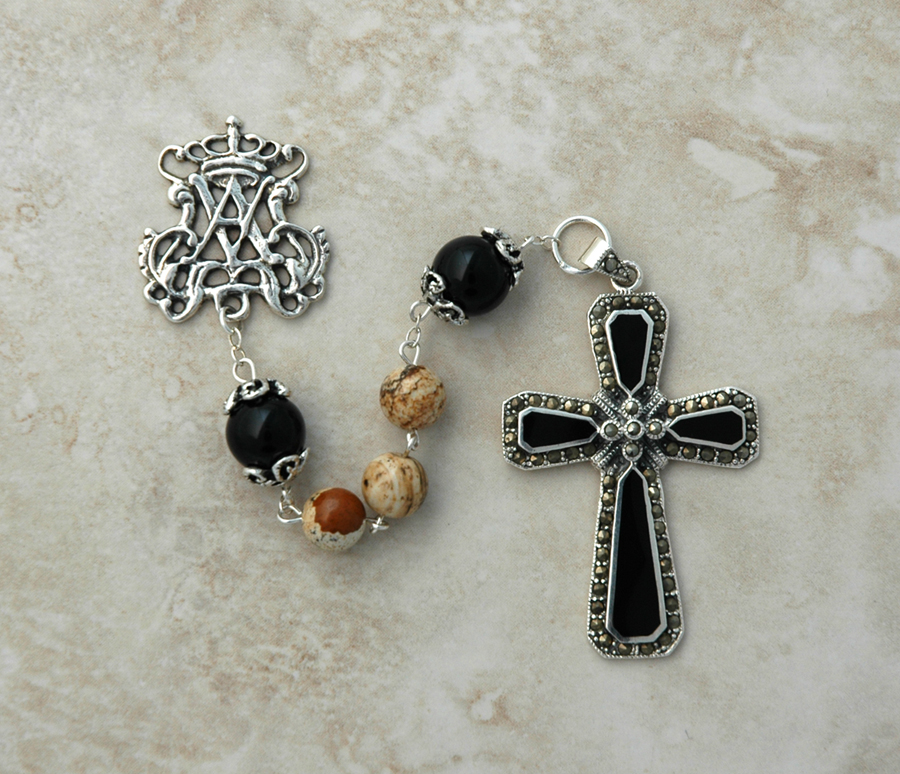 SSR16 - Sterling Silver Rosary, Picture Jasper & Black Onyx Beads with Black Onyx Cross