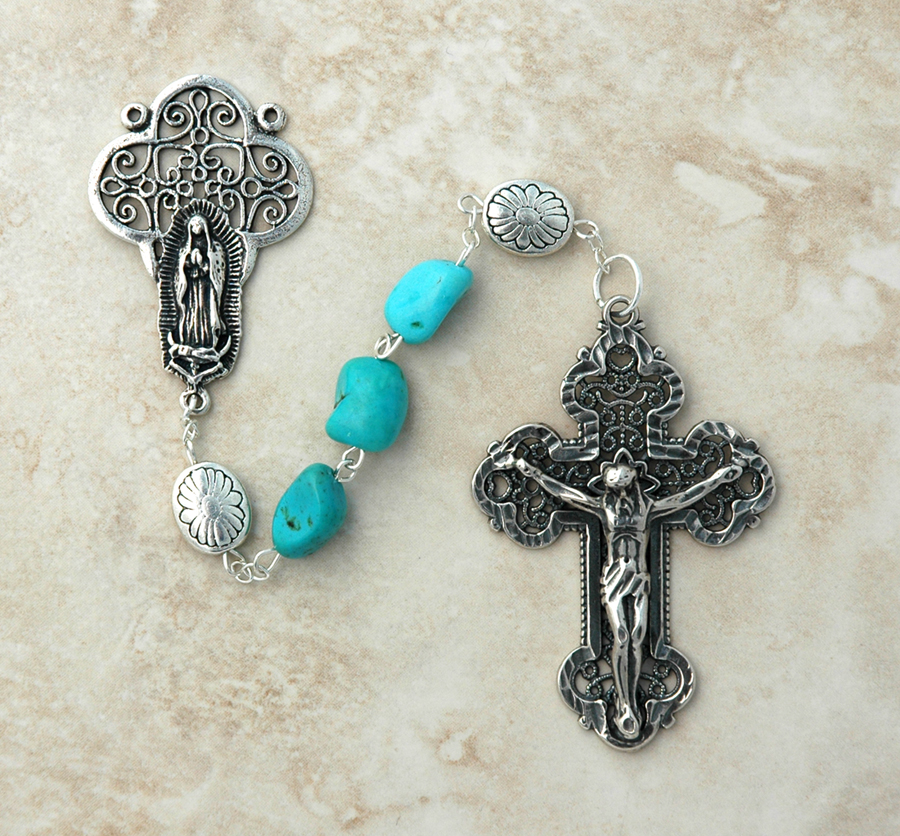 SSR19 - Sterling Silver Rosary, Turquoise Nuggets with Sterling Silver Our Father Beads
