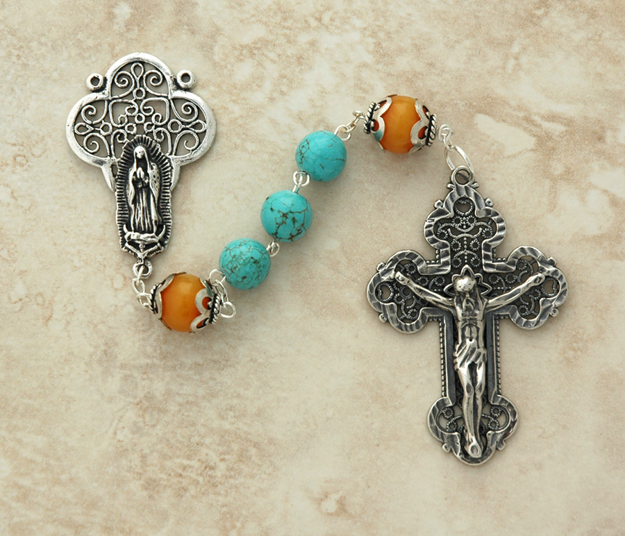 SSR20 - Sterling Silver Rosary, Turquoise Balls with Amber Our Father Beads