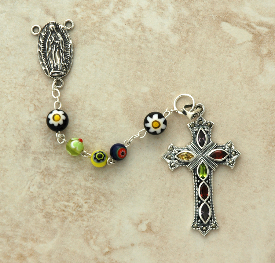 SSR26 - Sterling Silver Rosary, Hand Blown Glass with Multi-Stone Cross