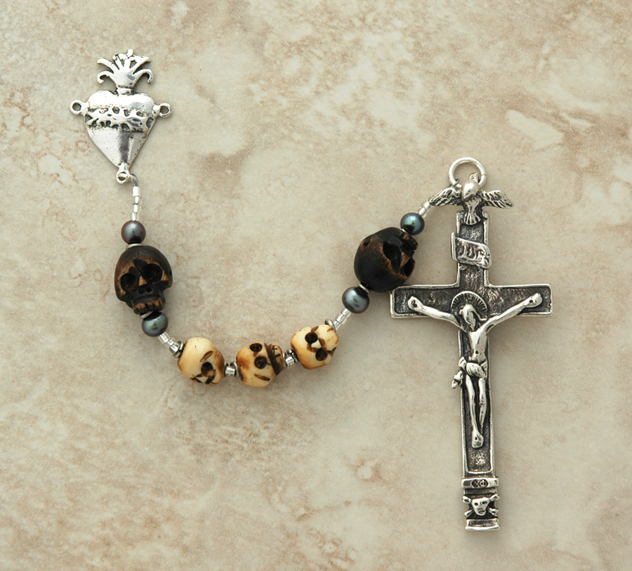 SSR30 - Sterling Silver Rosary, Ox Bone & Wood Skulls