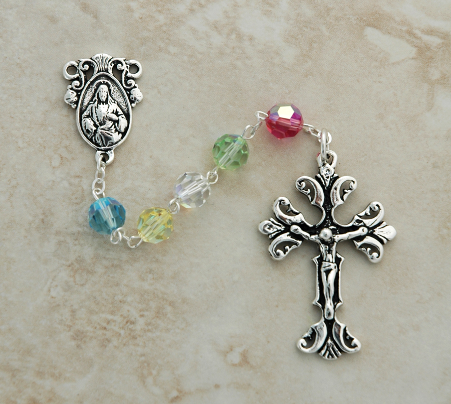 SSR32 - Sterling Silver Rosary, Swarovski Crystal, Pastel Mix