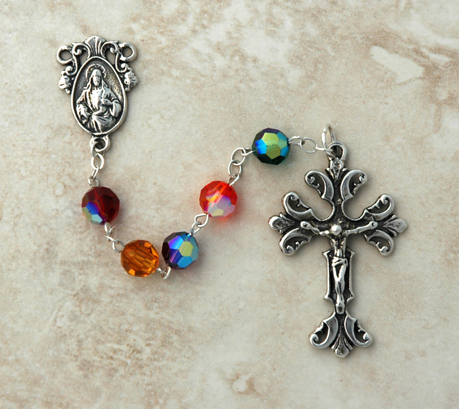 SSR33 - Sterling Silver Rosary, Swarovski Crystal, Jewel Tone Mix