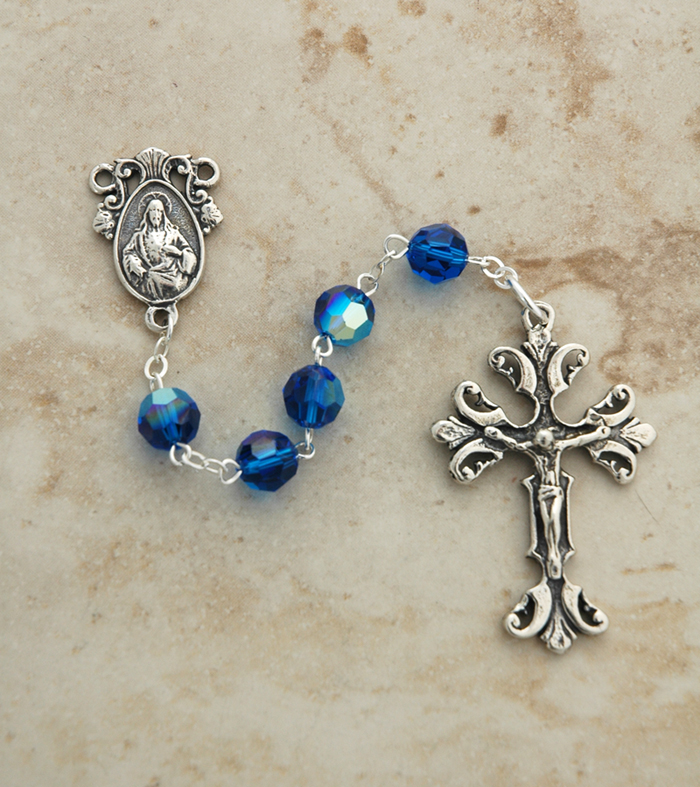 SSR37 - Sterling Silver Rosary, Swarovski Crystal, Sapphire Blue