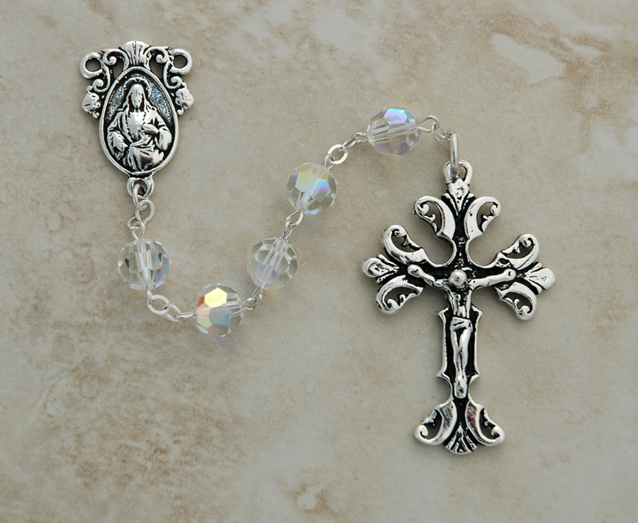 SSR42 - Sterling Silver Rosary, Swarovski Crystal, Clear AB