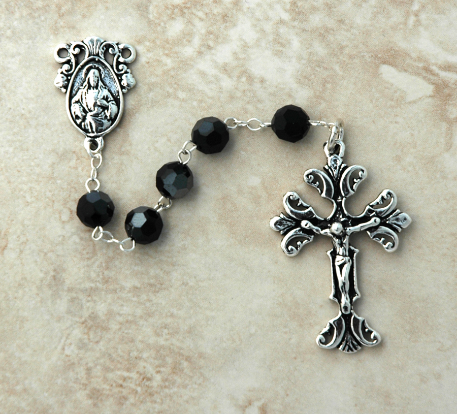 SSR43 - Sterling Silver Rosary, Swarovski Crystal, Jet Black
