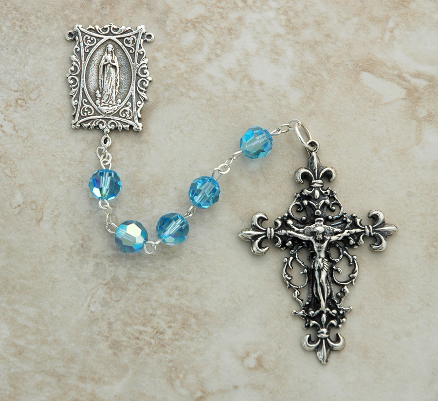 SSR44 - Sterling Silver Rosary, Swarovski Crystal, Aqua, Lourdes Center