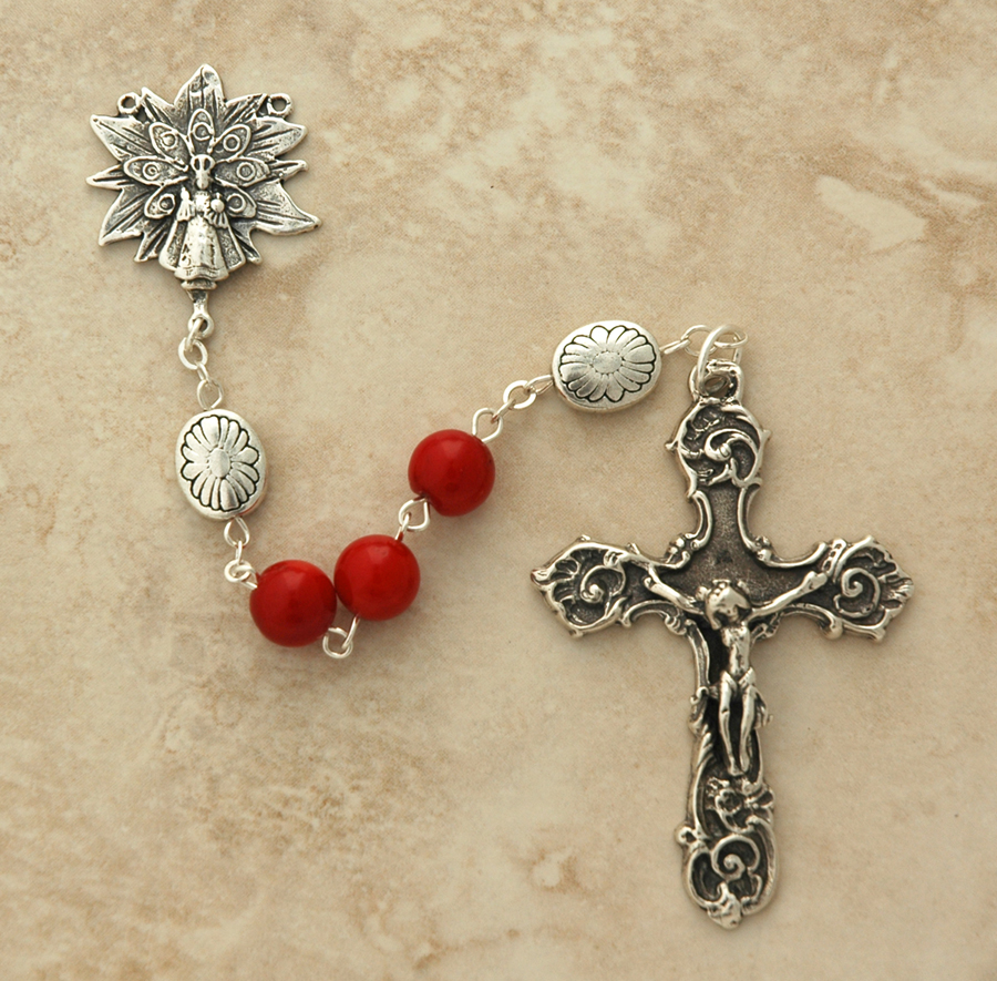 SSR5 - Sterling Silver Rosary, Coral with Sterling Silver Our Father Beads