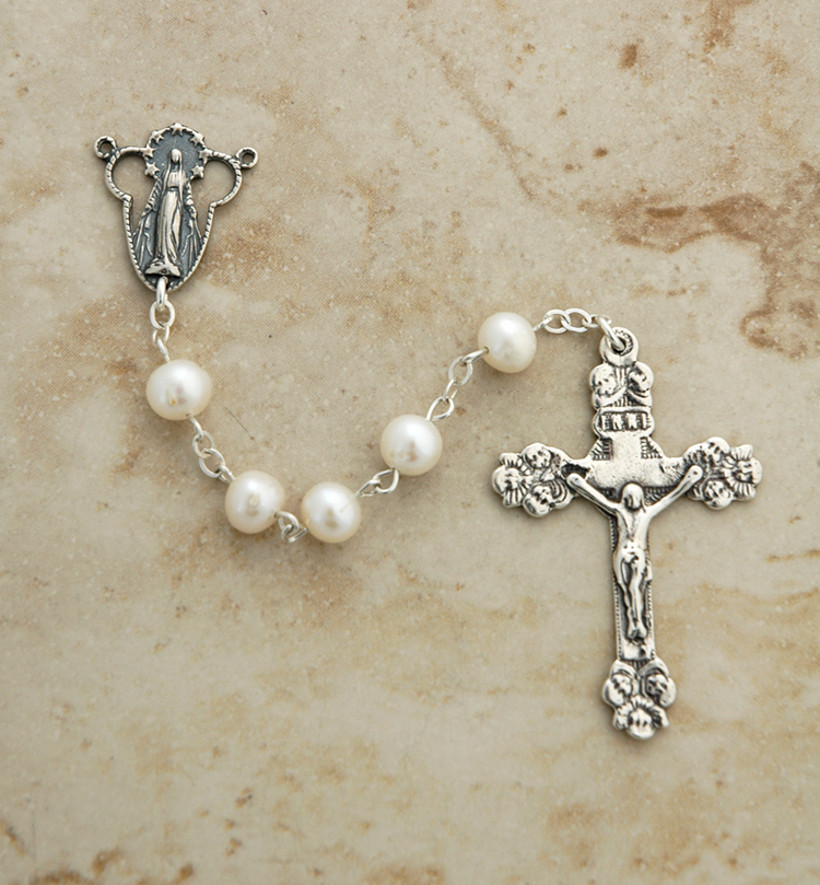 SSR7 - Sterling Silver Rosary, White Freshwater Pearls