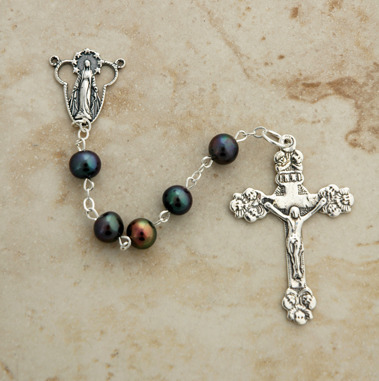 SSR8 - Sterling Silver Rosary, Black Freshwater Pearls
