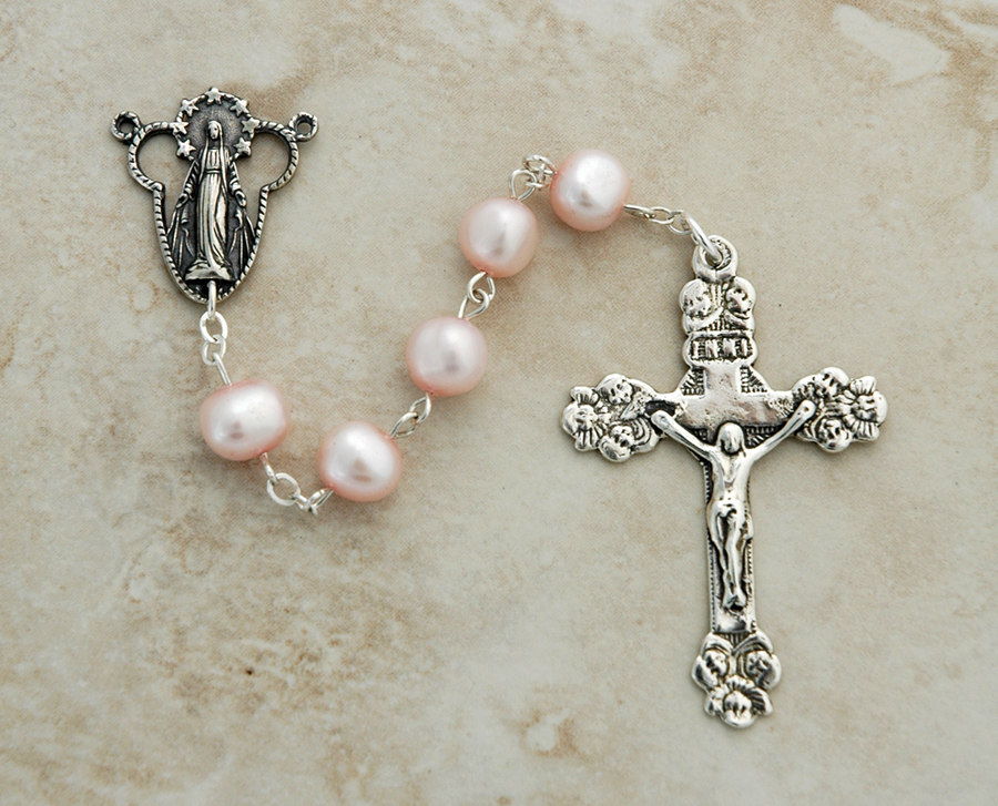 SSR9 - Sterling Silver Rosary, Pink Freshwater Pearls