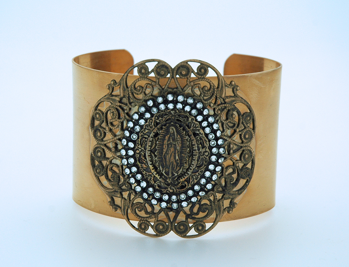 VCB10 - Vintage Style Cuff Bracelet, Guadalupe Medal, Double Row Swarovski Crystals