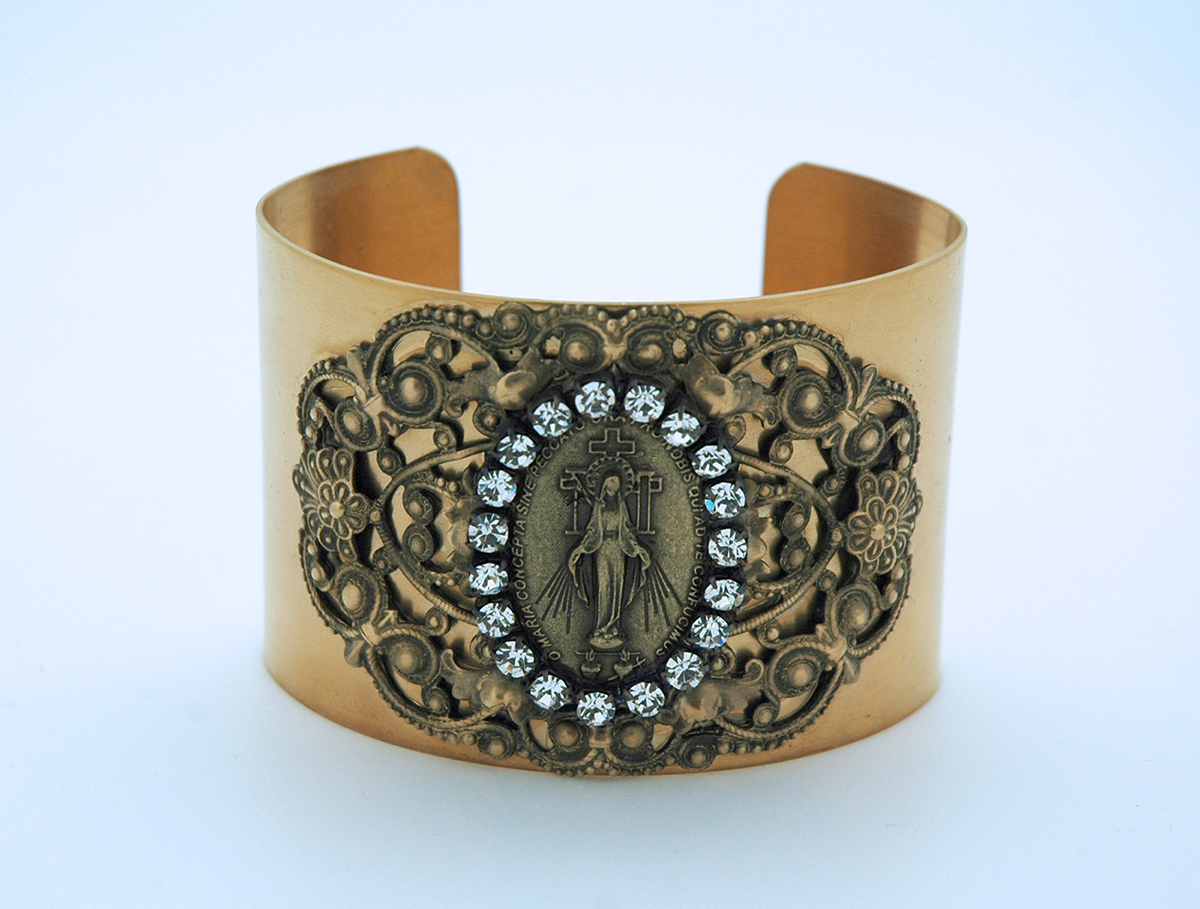 VCB11MM - Vintage Style Cuff Bracelet, Miraculous Medal, Clear Swarovski Crystals