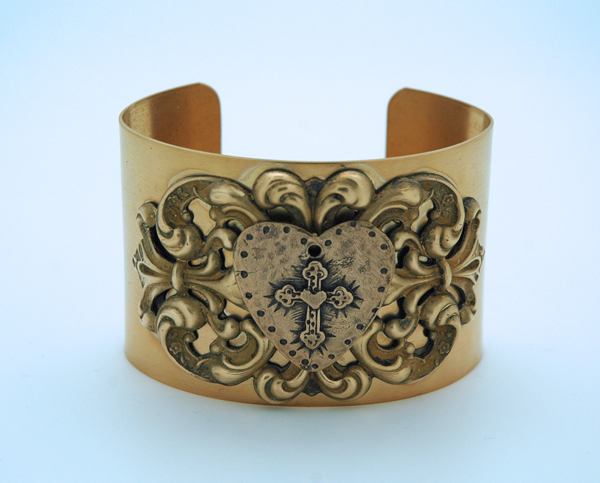 VCB12 - Vintage Style Cuff Bracelet, Hammered Heart with Cross Medal