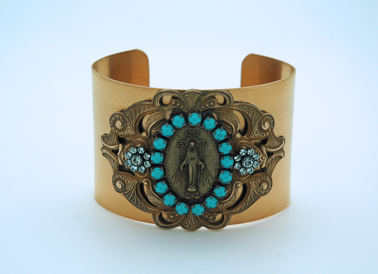 VCB4 - Vintage Style Cuff Bracelet, Miraculous Medal, Turquoise Swarovski Crystals
