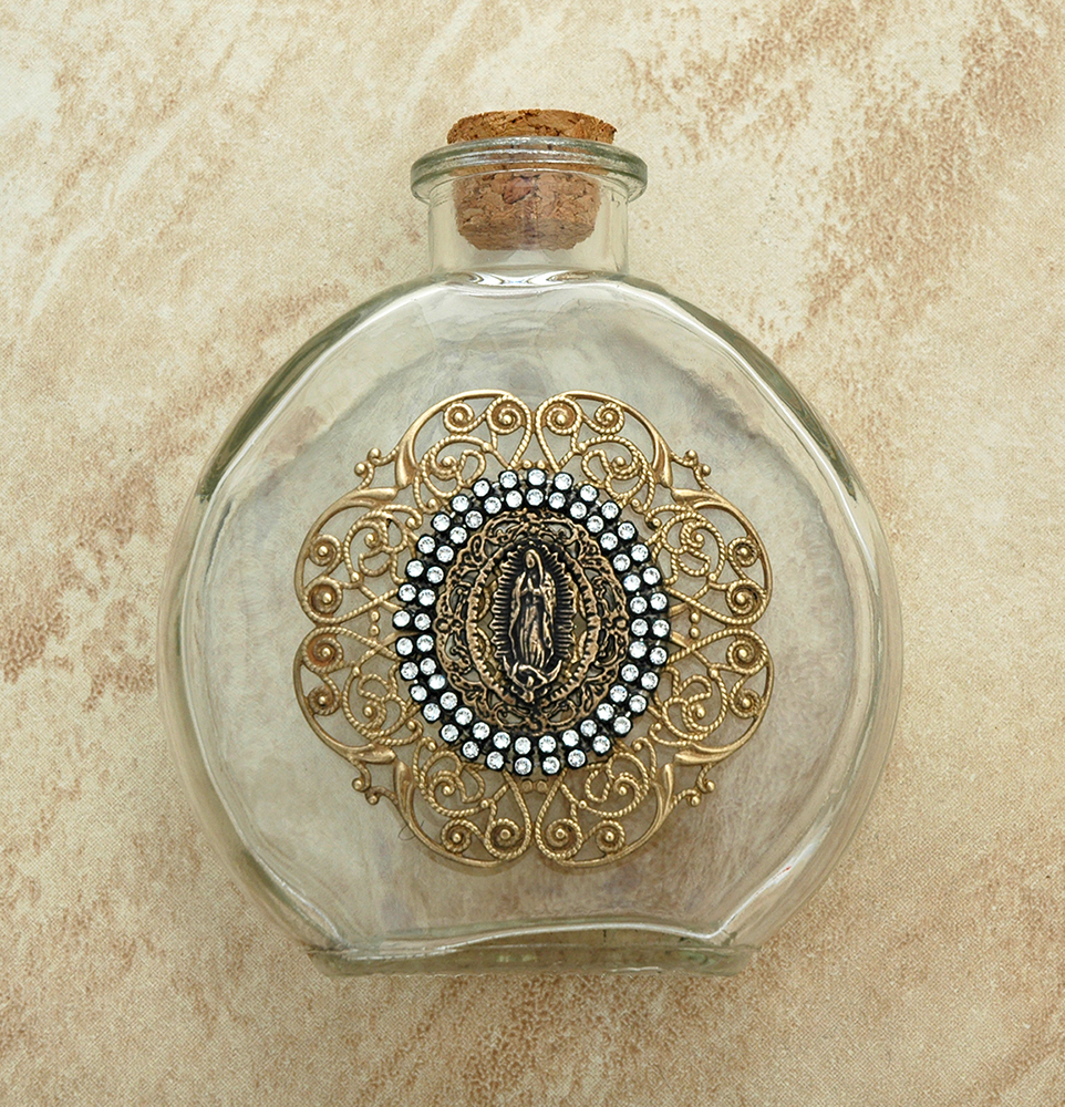 VHWB10 - Vintage Style Holy Water Bottle, Guadalupe Medal, Double Row Swarovski Crystals