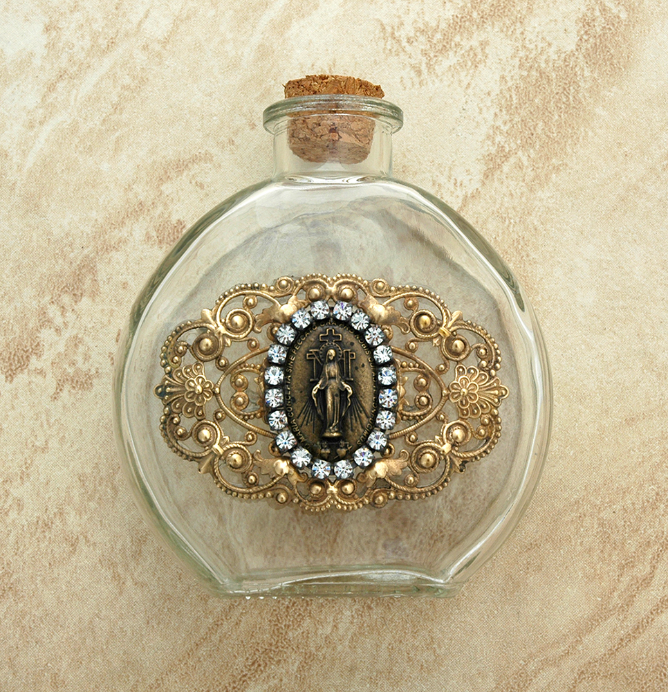 VHWB11MM - Vintage Style Holy Water Bottle, Miraculous Medal, Clear Swarovski Crystals