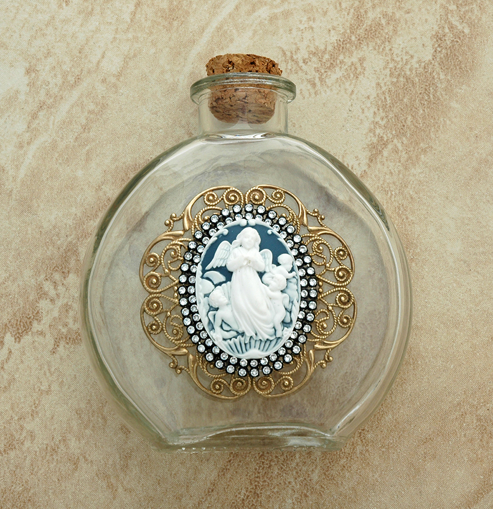 VHWB20A - Vintage Style Holy Water Bottle, Angel Cameo, Double Row Swarovski Crystals