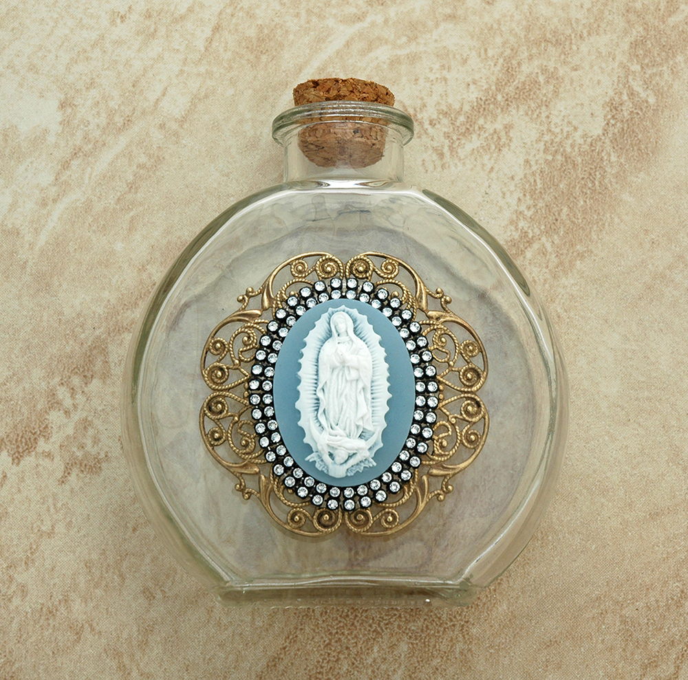 VHWB20GD - Vintage Style Holy Water Bottle, Guadalupe Cameo, Double Row Swarovski Crystals