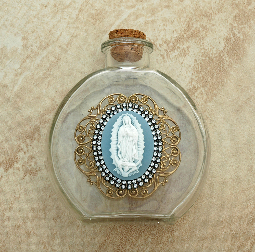 VHWB20GD - Vintage Style Holy Water Bottle, Guadalupe Cameo, Double Row Swarovski Crystals