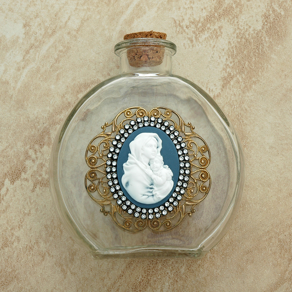 VHWB20MST - Vintage Style Holy Water Bottle, Mary of the Streets Cameo, Double Row Swarovski Crystals