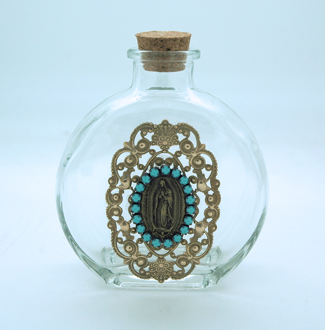 VHWB21 - Vintage Style Holy Water Bottle, Guadalupe Medal, Turquoise Swarovski Crystals