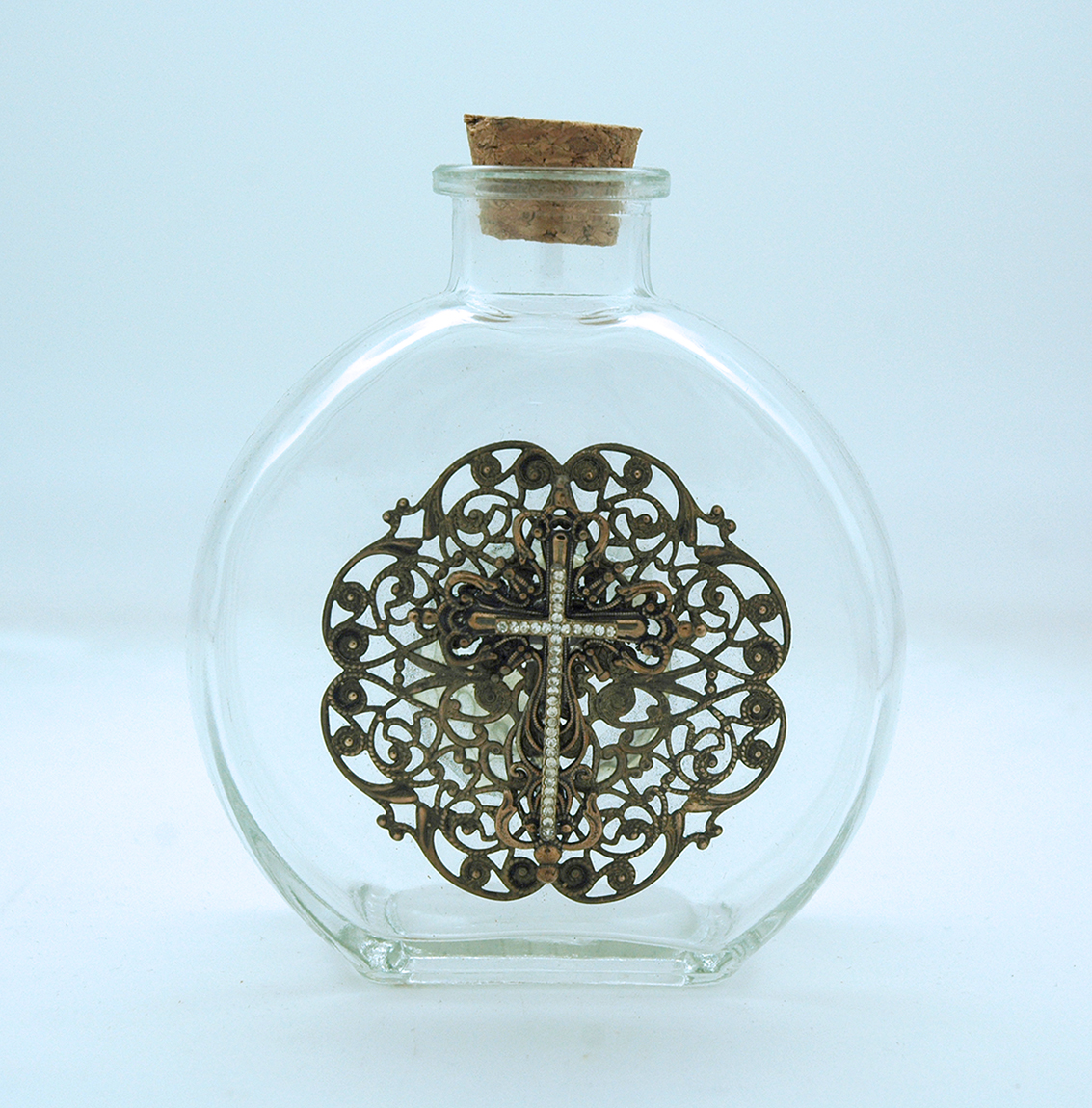 VHWB26 - Vintage Style Holy Water Bottle, Filigree Cross