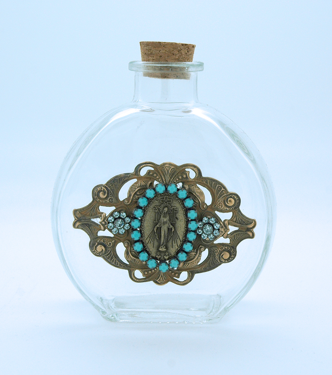 VHWB4 - Vintage Style Holy Water Bottle, Miraculous Medal, Turquoise Swarovski Crystals