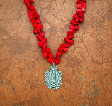 SSGN1-292 - Sterling Silver Coral Teardrop Gemstone Necklace, Large Sterling Silver Guadalupe Medal