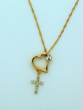 BMF91 - Brazilian Necklace, Gold Plated Heart & Cross, 20 in. Chain