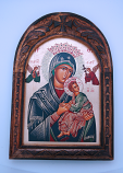 G2IND8 - Greek Icon, Hand Painted Serigraph in Carved Wood Frame, Madonna, 9x13 in.