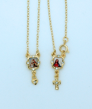 BF38 - Brazilian Gold Plated Scapular, Color Pictures, Dangling Heart & Cross with Crystals