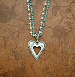 SSGN25 - Sterling Silver Gemstone Necklace, Cut-Out Heart, Double Turquoise & Pearl Chain