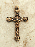 BRC2 - Antique Bronze Crucifix, Europe, 19th Century, Hearts, 2 in.