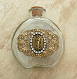 VHWB11GD - Vintage Style Holy Water Bottle, Guadalupe Medal, Clear Swarovski Crystals