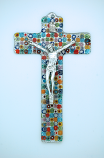 IG413 - Italian Genuine Murano Glass Crucifix, Multi-Colored Flowers, 9 in.