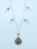 SSN43 - Sterling Silver Necklace, St. Teresa Medal, 18 in. Sterling Silver Chain with Pink Crystals
