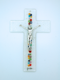 IG3190 - Italian Genuine Murano Glass Crucifix, Clear, Center Flowers, 8 in.