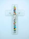 IG3189 - Italian Genuine Murano Glass Crucifix, Clear, Center Flowers, 6 in.