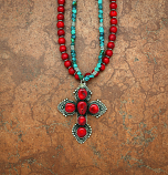 SSGN26 -  Sterling Silver Gemstone Necklace, Large Coral Cross, Double Coral & Turquoise Chain