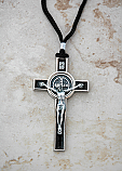 BA15997 - Brazilian Metal St. Benedict, Silver & Black, on Cord