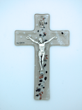 IG3180 - Italian Genuine Murano Glass Crucifix, Beige with Black & Copper, 6 in.
