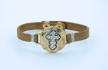 CU6574G - Faux Narrow Leather Bracelet, Round Gold Medal with Crystal Cross